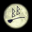 BohoBanshees Logo, Full Moon with Intials BB and a Broomstick.